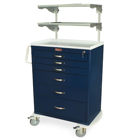Harloff Tall Medical Equipment Cart with Height Adjustable Overhead Shelves, Six Drawers, Key Lock MDS3030K06+MD30-ADJSHLF2-XBAR